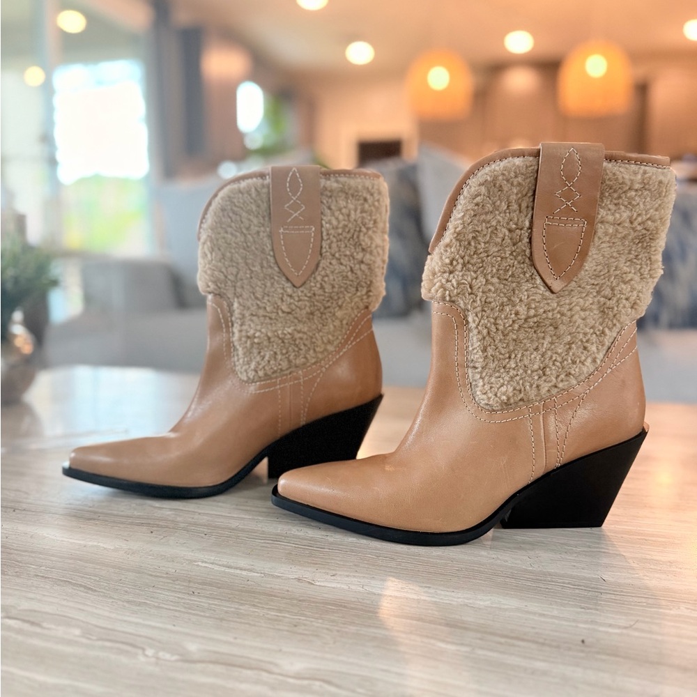 Womens Tan Shearling-Trim Wedge Western Boot by Free People